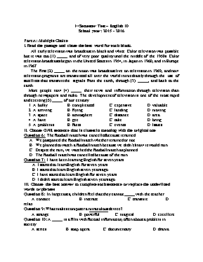 Đề thi học kỳ 1 môn Tiếng Anh Lớp 10 - Năm học 2015-2016 (Có đáp án)